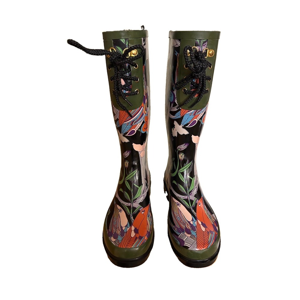 The Sak Rubber Rain Boots Knee High Lace Front Birds Nature Graphic Size 8